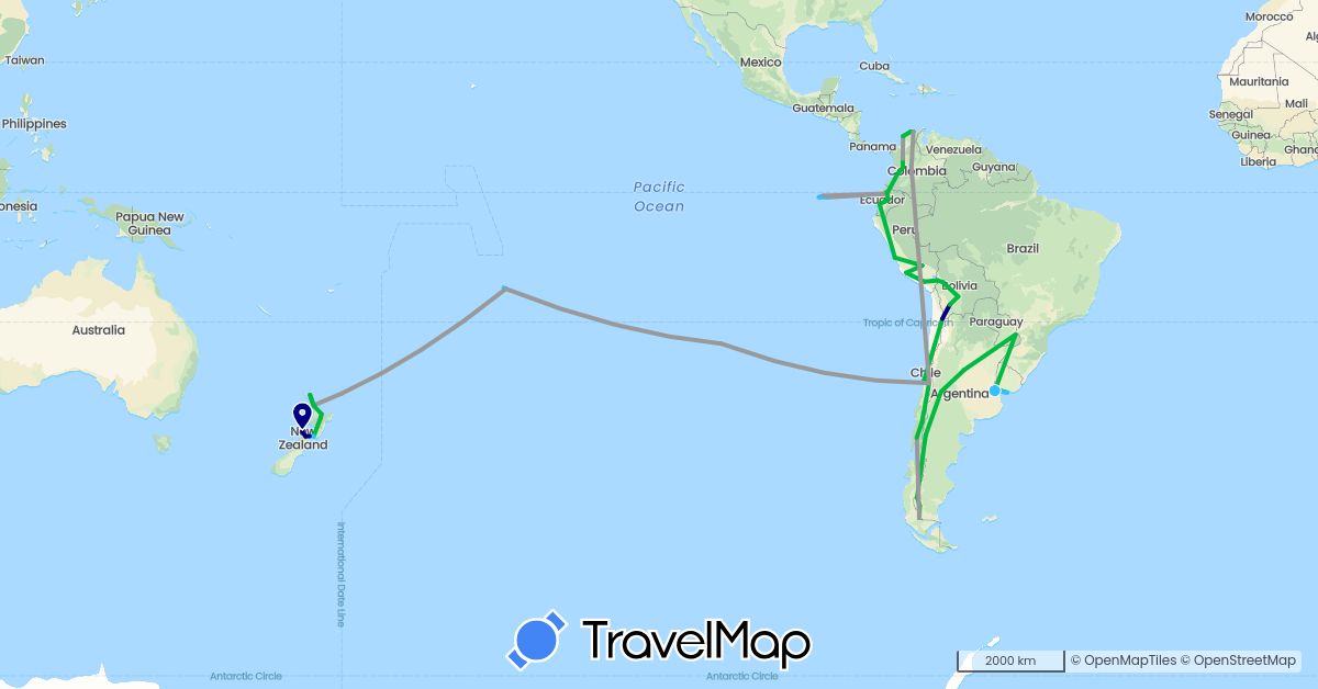 TravelMap itinerary: driving, bus, plane, boat in Argentina, Bolivia, Chile, Colombia, Ecuador, France, New Zealand, Peru, Uruguay (Europe, Oceania, South America)